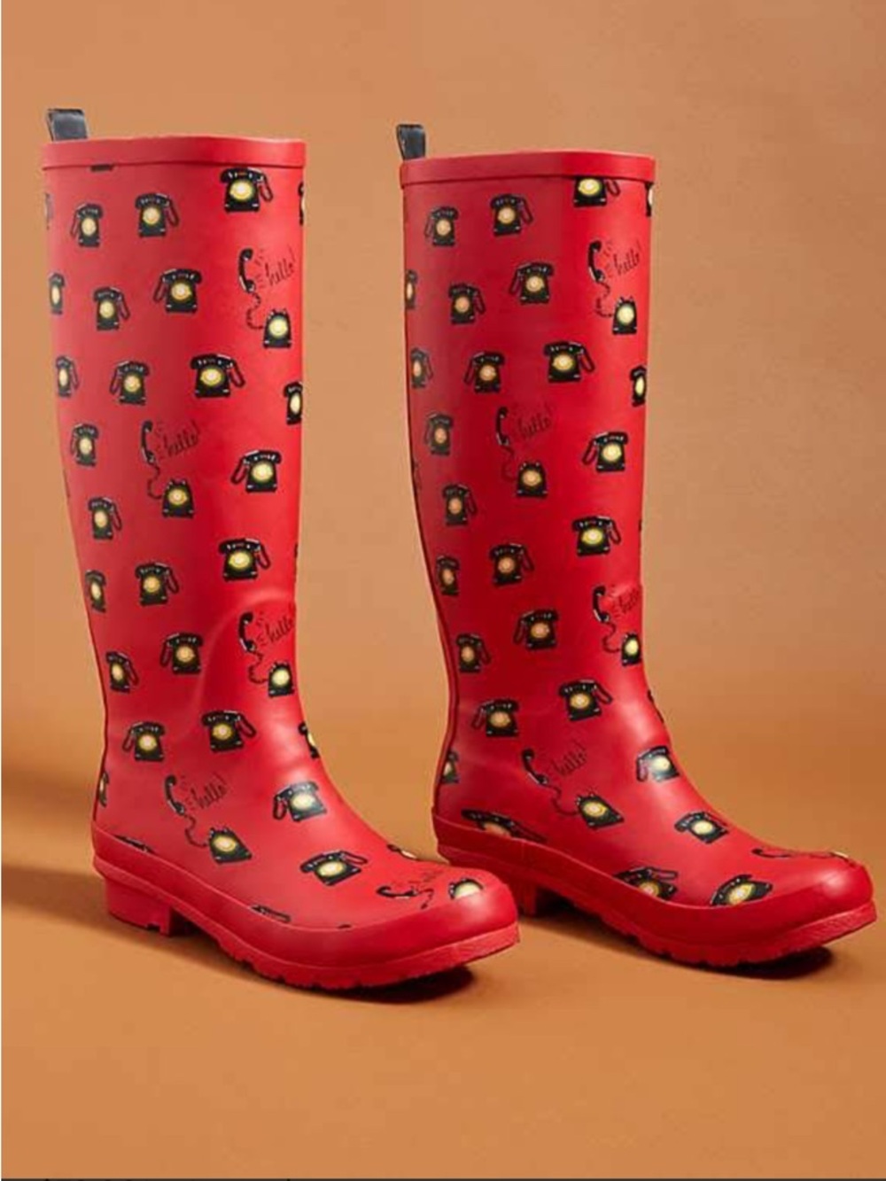 Anthropologie "Colloquial" rain boots  "Call Me" red telephone print size 8